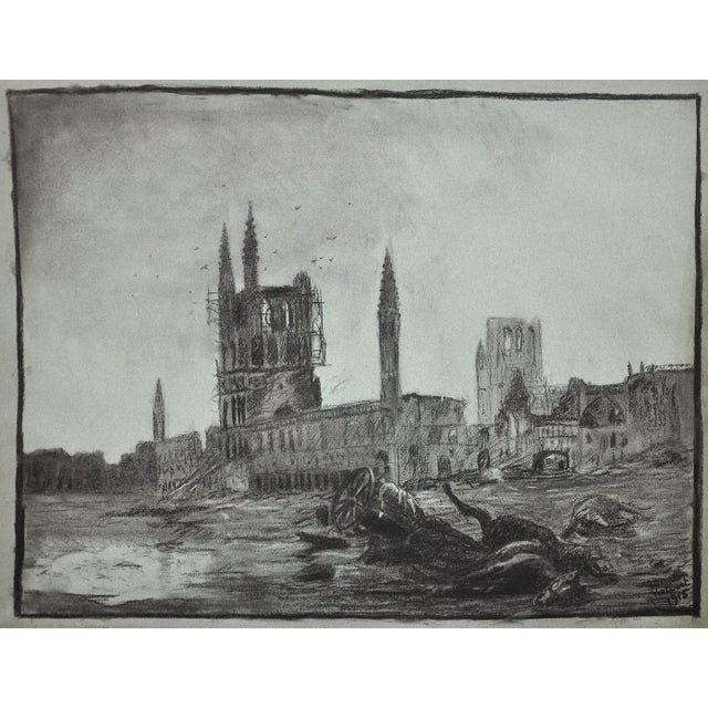 Leopold Halvoet. Belgian ( d.1918 Adinkerke ). Arras, France. 1915. Charcoal on Paper. Signed & Dated 1915 Lower Right....