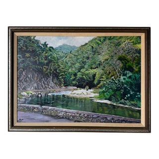 1970s Vintage Tropical River Landscape Oil on Canvas Painting, Framed For Sale