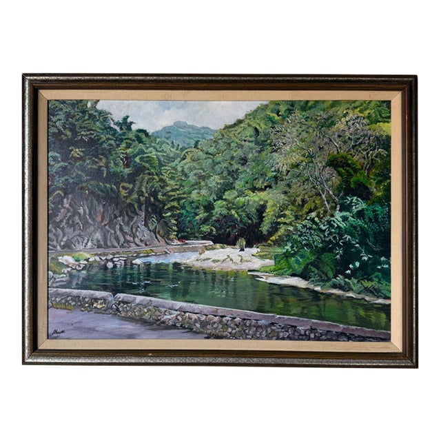 1970s Vintage Tropical River Landscape Oil on Canvas Painting, Framed For Sale