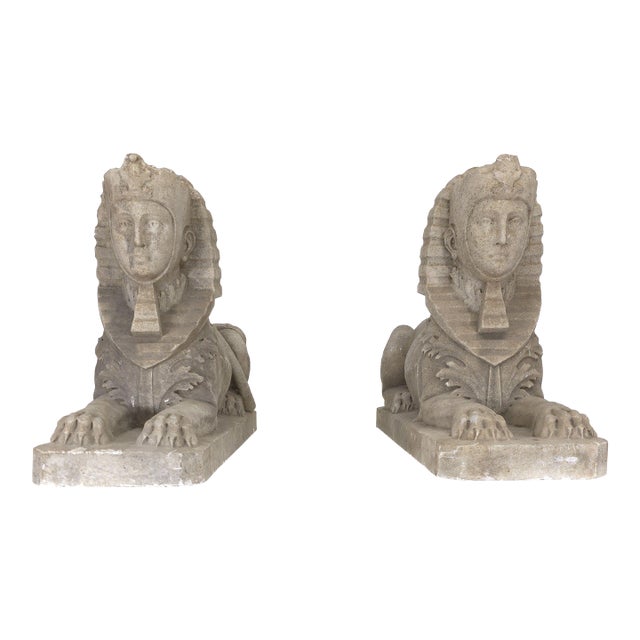 Impressive Large Pair Antique Sphinxes of Weathered White Marble on Custom Wood Bases For Sale