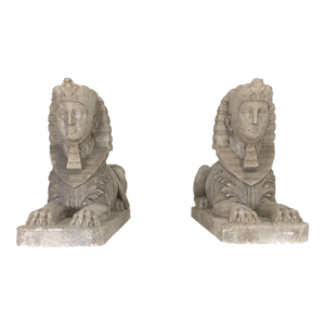 Impressive Large Pair Antique Sphinxes of Weathered White Marble on Custom Wood Bases