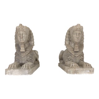 Large Pair Antique Sphinxes Sculptures Solid Marble on Wood Bases For Sale