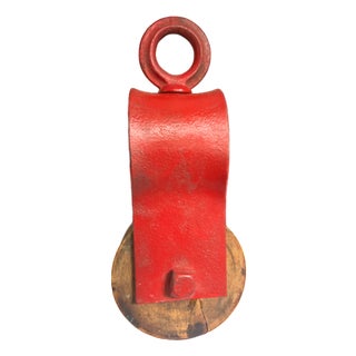 Early 20th Century Red Painted Rustic Industrial Pulley With Wooden Wheel For Sale