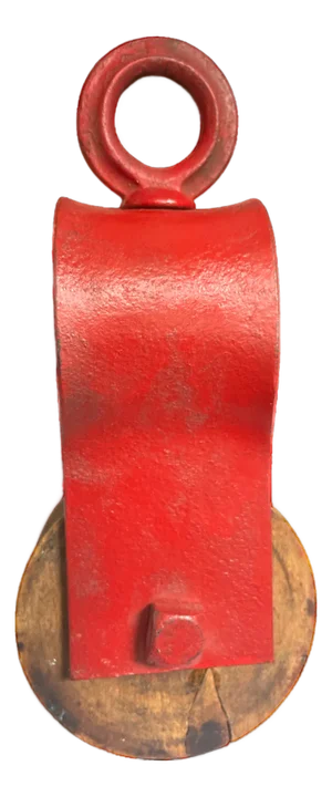 Early 20th Century Red Painted Rustic Industrial Pulley With Wooden Wheel
