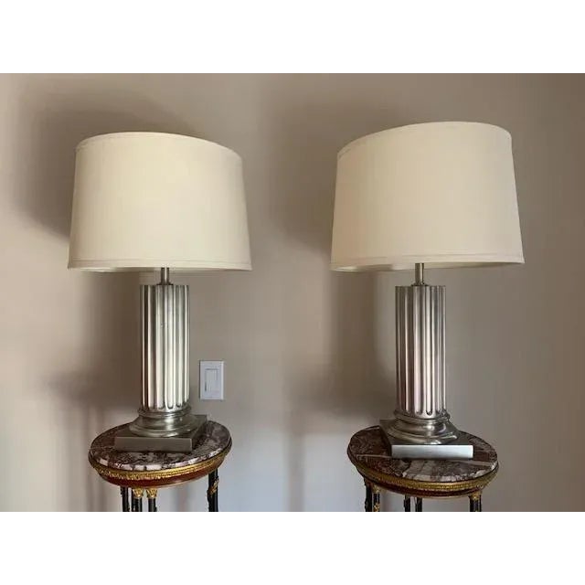 1980s Modern Silver Metal Lamps - a Pair For Sale - Image 4 of 4