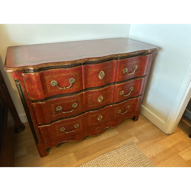 Theodore Alexander Red Leather-Wrapped Serpentine Three-Drawer Chest With Gilt Decoration For Sale - Image 14 of 16