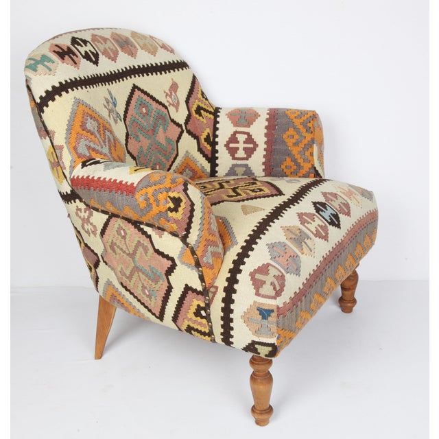 Handwoven Tribal Kilim Upholstered Armchair – Comfortable Handmade Bergere Chairs For Sale - Image 4 of 12
