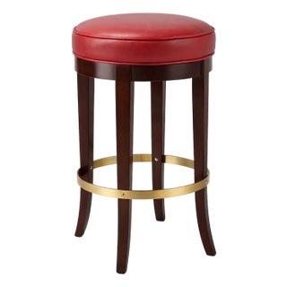 Late 20th Century Oversized Traditional Swivel Bar Stool With Red Leather Seat, Mahogany Legs & Brass-Tone Footrest Ring — 30” For Sale