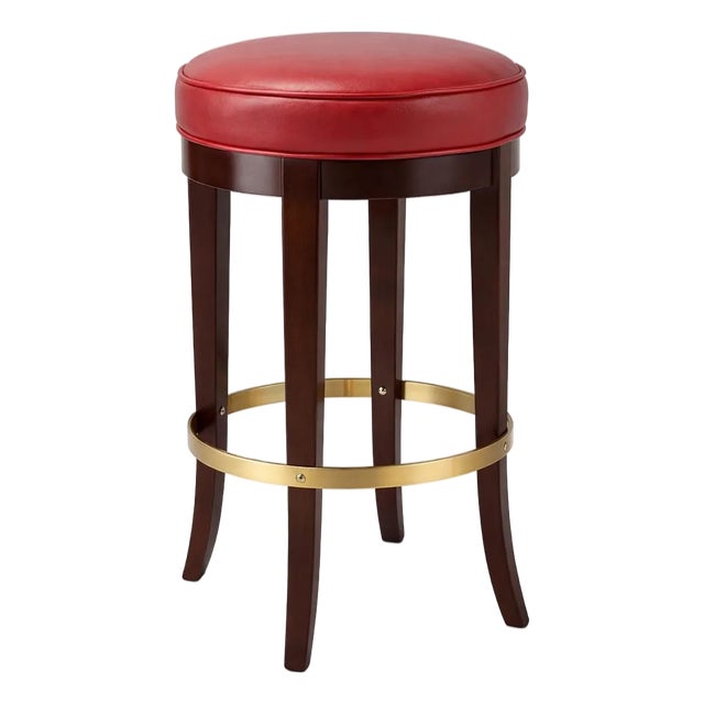 Late 20th Century Oversized Traditional Swivel Bar Stool With Red Leather Seat, Mahogany Legs & Brass-Tone Footrest Ring — 30” For Sale