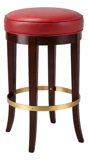 Late 20th Century Oversized Traditional Swivel Bar Stool With Red Leather Seat, Mahogany Legs & Brass-Tone Footrest Ring — 30”