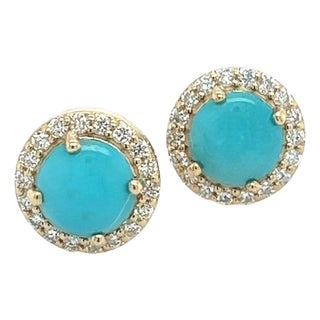 Natural Turquoise Diamond Stud Earrings 14k Yellow Gold 2.18 TCW Certified For Sale