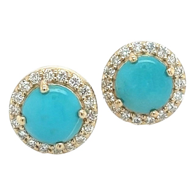 Natural Turquoise Diamond Stud Earrings 14k Yellow Gold 2.18 TCW Certified For Sale