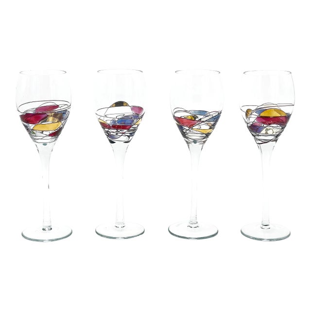 Vintage Tall Hand Painted Mosaic Colored Crystal Goblets - Set of 4 For Sale