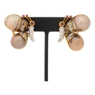 18k Rose Gold Diamond, Ruby, and Pearl Butterfly-Form Earrings For Sale