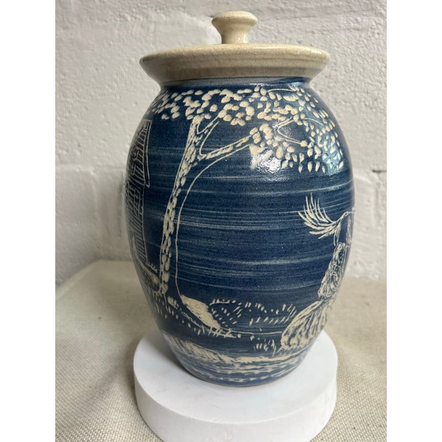 1988 Turn & Burn Seagrove Nc Hand-Carved Blue Stoneware Covered Jar For Sale - Image 4 of 11