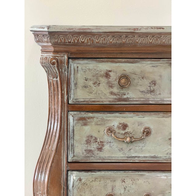 French French Bombe Chest | Distressed Painted Wood Dresser | Louis XV Style For Sale - Image 3 of 11