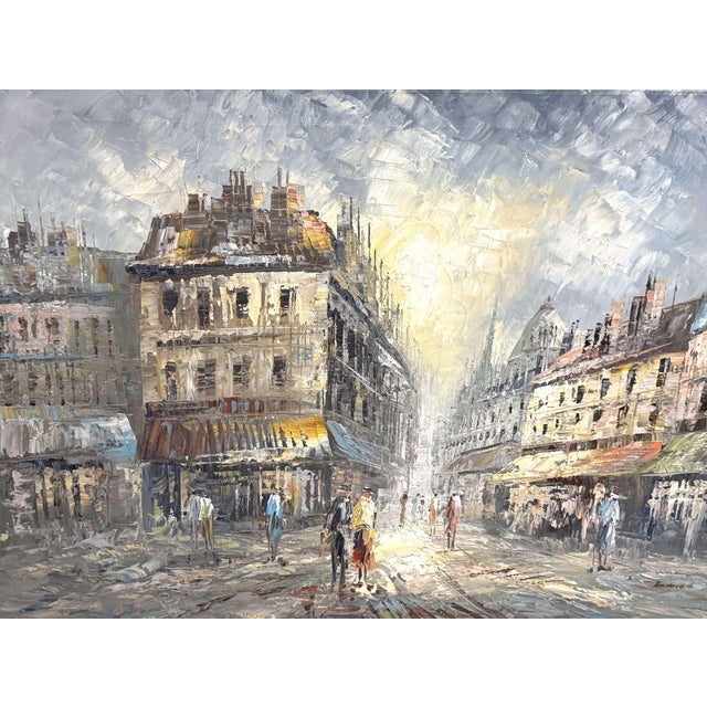 Set of Three Mid-Century Paris Street Scene Oil Paintings Signed Burnett For Sale - Image 10 of 14