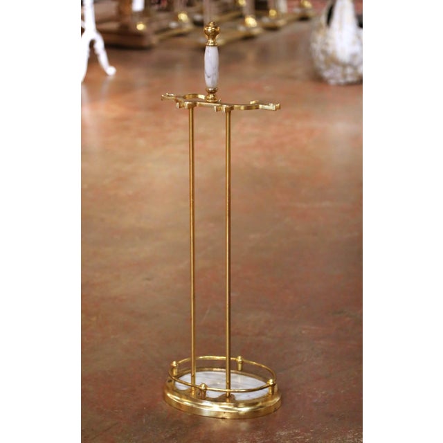 Mid-Century French Brass and Marble Five-Piece Fireplace Tool Set With Stand For Sale - Image 9 of 10