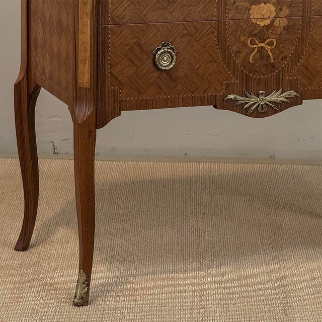 Mid 20th Century Antique French Louis XVI Style Marquetry Marble Top Commode For Sale - Image 5 of 18