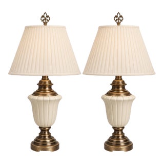 Vintage Neoclassical Cream Ceramic Urn Lamps With Pleated Ivory Shades - a Pair For Sale
