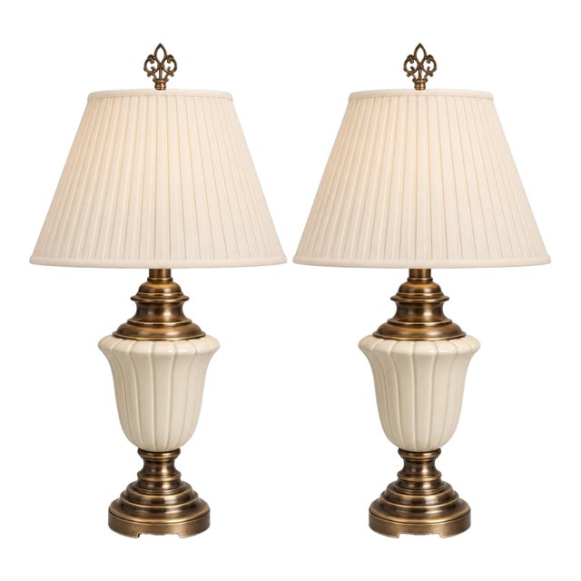 Vintage Neoclassical Cream Ceramic Urn Lamps With Pleated Ivory Shades - a Pair For Sale