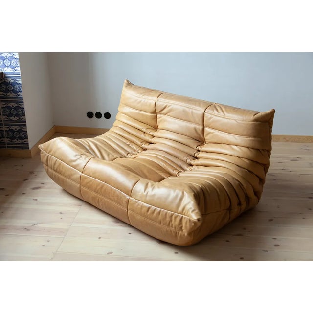 Set of Camel Brown Leather Togo Pouf and 2-Seater Sofa by Michel Ducaroy for Ligne Roset For Sale - Image 3 of 9