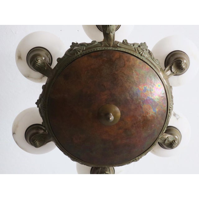 Metal Antique Bronze and Alabaster Chandelier with Verdigris, 1910 For Sale - Image 7 of 12