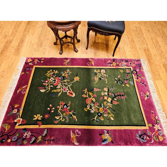 Textile Vintage Chinese Art Deco Rug, Floral Design, Sage Green & Purple, 4' x 6' For Sale - Image 7 of 16