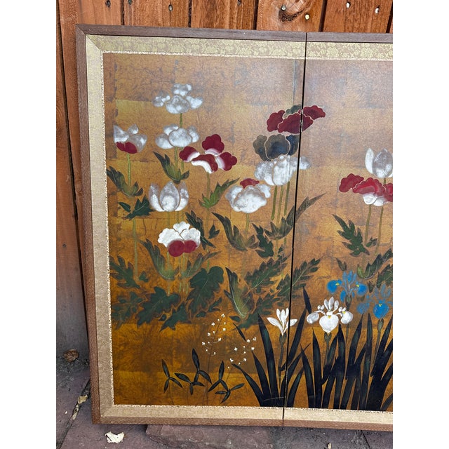 Vintage Hiyakuho Imayasu Japanese Hand-Painted Floral Gold Byobu Screen For Sale - Image 4 of 18