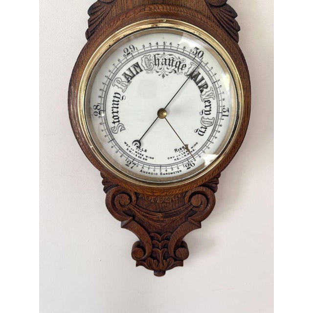 1900 - 1909 Antique Edwardian Carved Oak Aneroid Barometer, 1900s For Sale - Image 5 of 7