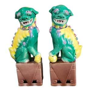 Vintage Asian Hand Painted Glazed Pottery Pair of Foo Dogs, Marked