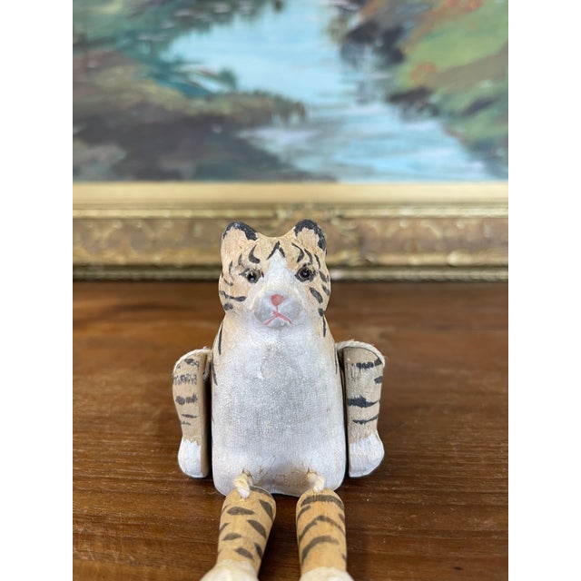 Beige Hand-Carved Articulated Wooden Tiger or Cat Figurine With Painted Details. For Sale - Image 8 of 10