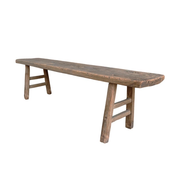 Vintage 72" Long Elm Wood Bench For Sale - Image 4 of 5