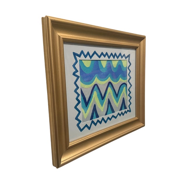Contemporary Schumacher “Zig Zag Weave” Framed Textile Art in Upcycled Metallic Gold Frame For Sale - Image 3 of 5