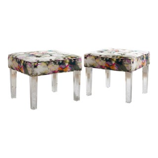 Mitchell Gold + Bob Williams Lucite Benches / Tufted Ottomans For Sale