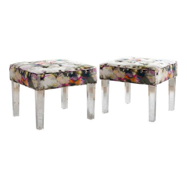Mitchell Gold + Bob Williams Lucite Benches / Tufted Ottomans For Sale