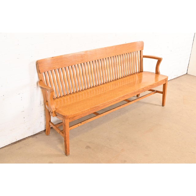Heywood-Wakefield Antique Arts & Crafts Solid Oak Lawyer's Bench For Sale - Image 4 of 10