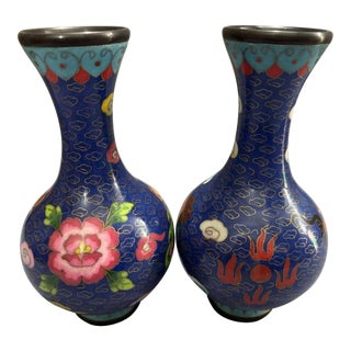 Pair of Vintage Chinese Cloisonné Dragon and Phoenix Tianqiu Vases, Deep Blue Cloud Enamel Chinoiserie Vessels For Sale