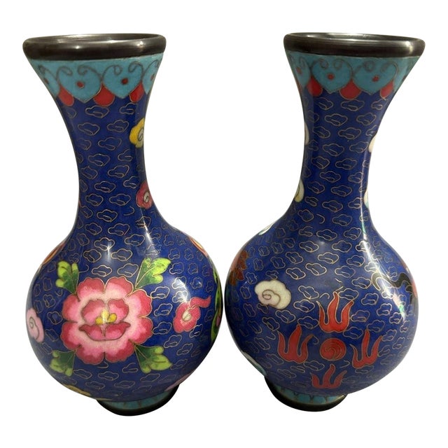 Pair of Vintage Chinese Cloisonné Dragon and Phoenix Tianqiu Vases, Deep Blue Cloud Enamel Chinoiserie Vessels For Sale