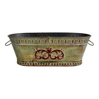 Vintage Embossed Metal Jardinière Planter With Ring Handles | Distressed French Country Cachepot For Sale
