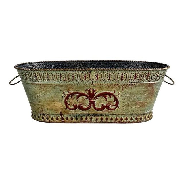 Vintage Embossed Metal Jardinière Planter With Ring Handles | Distressed French Country Cachepot For Sale