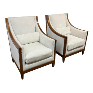 French Modernist Slope Arm Lounge Chairs, Pair