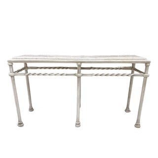 Vintage Off White Wrought Iron Console Table Travertine Stone Top Hollywood Regency For Sale