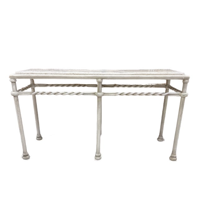 Vintage Off White Wrought Iron Console Table Travertine Stone Top Hollywood Regency For Sale