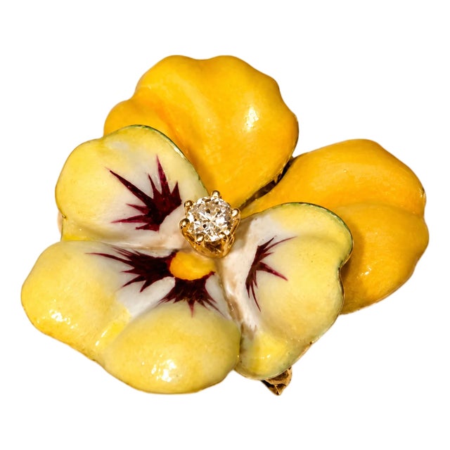 14K Yellow Gold Victorian Enamel Diamond Pansy Flower Pendant Brooch Vintage For Sale