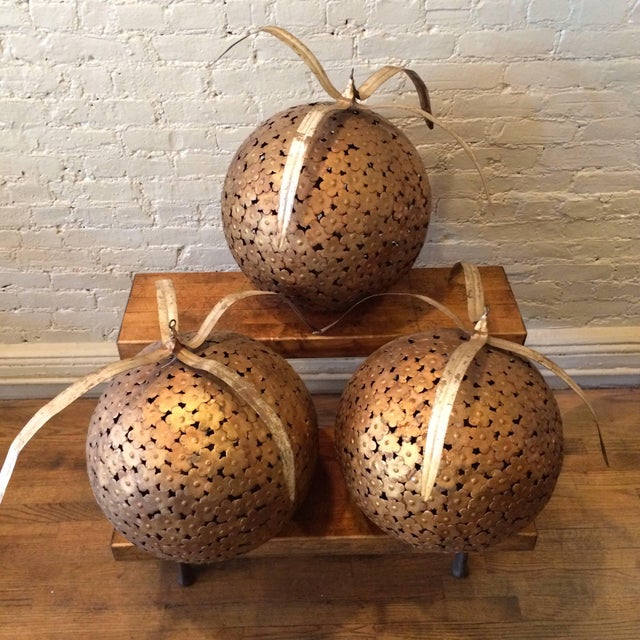 Mid-Century Modern Set of 3, Mid 20th Century Gilt Metal Macy's Store Display Ball Ornaments For Sale - Image 3 of 7