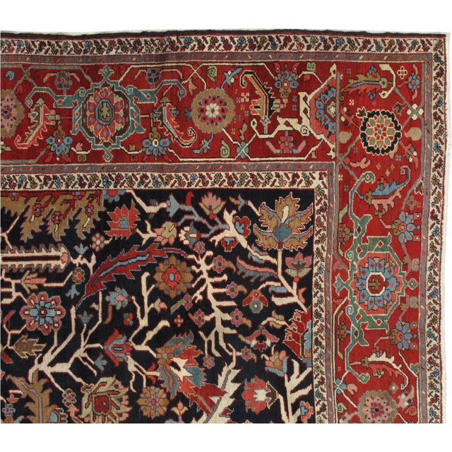 Late 19th Century Antique Persian Heriz Carpet Handmade Wool Oriental Rug, Rust, Navy For Sale - Image 5 of 13
