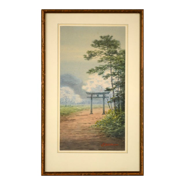 Early 20th Century Japanese Landscape Watercolor With Torii Gate by Shumin Ota For Sale