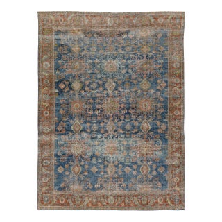 Antique Mahal Rug With Distressed Indigo Blue and Terracotta Field For Sale