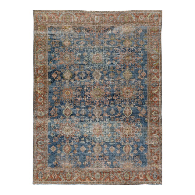 Antique Mahal Rug With Distressed Indigo Blue and Terracotta Field For Sale